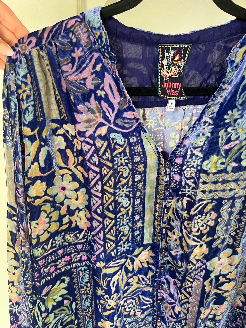 Johnny Was Multicolor Floral Velvet Button-Front Blouse - Picture 2 of 7